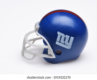 IRVINE, CALIFORNIA - SEPTEMBER 5, 2018: Mini Collectable Football Helmet For The New York Giants Of The National Football Conference East.