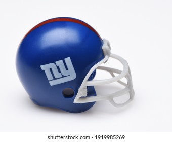 IRVINE, CALIFORNIA - SEPTEMBER 5, 2018: Mini Collectable Football Helmet For The New York Giants Of The National Football Conference East.