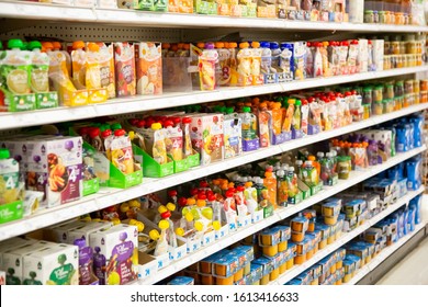 Irvine, California, United States - 01-04-2020: An Aisle Full Of Several Varieties Of Baby Juice Pouches On Display At A Local Grocery Store.