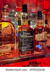 Irvine, California USA - 04 09 2021: Evan Williams bourbon whiskey on display.