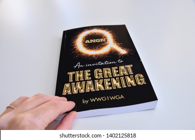 Irvine, California / USA - May 19 2019: The Great Awakening Book By WWG1WGA On A White Table