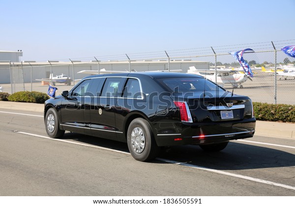 Irvine,\
California / USA - October 18.2020: President Trump leaves John\
Wayne Airport in his Presidential Limo while on his way to Newport\
Beach for a Fundraiser. Editorial Use. \
