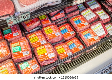 Irvine, California/United States - 08/09/2019: Ground beef packages at Trader Joe's