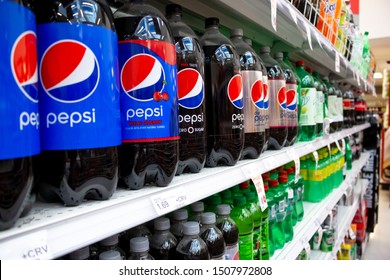 Irvine, California/United States - 08/09/2019: A view of the soda aisle, featuring 2-liter plastic bottles