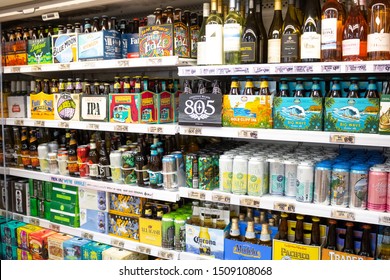 Irvine, California/United States - 08/09/2019: A View Of The Beer And Wine Refrigerator Section At A Grocery Store.