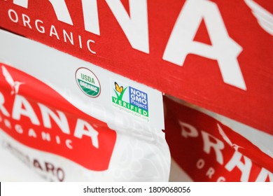 Irvine, California/United States - 09/01/2020: A closeup view of the Non GMO Project Verified Logo on the top portion of a food package.