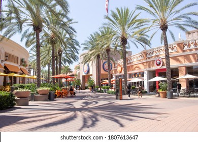 Irvine, California/United States - 09/01/2020: A view of a plaza area inside the Irvine Spectrum, featuring Dave and Busters arcade, and other retail stores.
