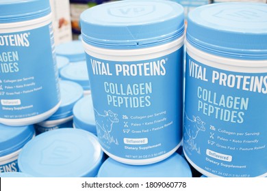 Irvine, California/United States - 09/01/2020: A View Of Several Containers Of Vital Proteins Collagen Peptides, On Display At A Local Big Box Grocery Store.