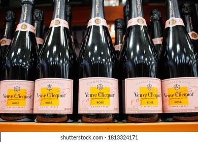 Irvine, California/United States - 09/01/2020: A view of several bottles of Veuve Clicquot Rose Champagne, on display at a local big box grocery store.