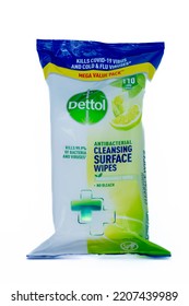 Irvine, Scotland, UK - August 20, 2022:  Packet Of Dettol Branded Antibacterial Wipes That Are Biodegradable And Do Not Contain Bleach.