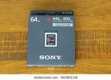 Irvine, Scotland, UK - September 11, 2020: Sony 64gb XQD Memory Card In Recyclable Cardboard Packaging. One Of The High Performance Memory Cards In The XQD Range By Sony.