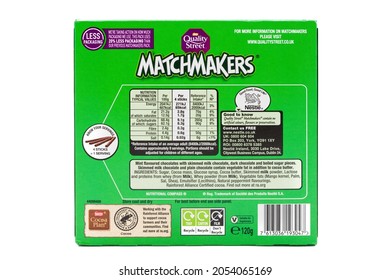 Irvine, Scotland, UK - September, 29, 2021:  The rear label of a box of Nestle branded Quality Street Confectionary branded Matchmaker chocolates in a plastic recyclable box 