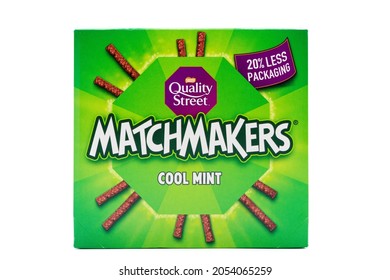 Irvine, Scotland, UK - September, 29, 2021:  A box of Nestle branded Quality Street Confectionary branded Matchmaker chocolates in a plastic recyclable box.