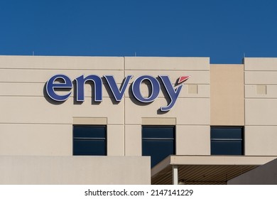 Irving, TX, USA - March 20, 2022: Closeup Of Envoy Sign On The Building At Its Headquarters In Irving, Texas, USA. Envoy Air Inc. Is An American Regional Airline. 