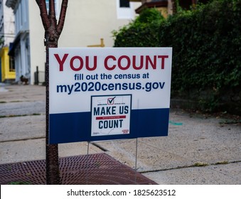 Irvington, NY / USA - October 1 2020: You Count US Census Sign Encouraging Citizens To Fill Out The 2020 Census At My2020census.gov