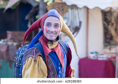 Irwindale, CA - USA - April 23, 2017: Man In A Medieval Jester Costum During The 55th Annual Renaissance Pleasure Faire.