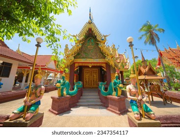 The Isan pagoda is a buddhist temple near Bangkok, an urban city town, Thailand. Thai architecture landscape background. Tourist attraction landmark.