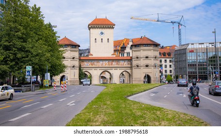 Isar Gate in the city of Munich - MUNICH, GERMANY - JUNE 03, 2021 - MUNICH, GERMANY - JUNE 03, 2021