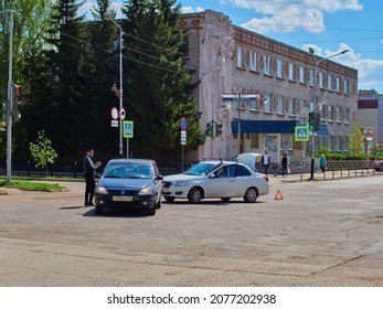 Ishimbay, Russia - 2021 Small Car Accident At A Street Intersection In The City