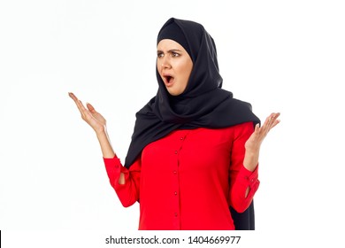 Islam woman surprised on hands free seat isolated against white background                              