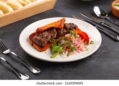 Islama Kofte, Special Kind Of Meatball From Adapazari Turkey, Meatball On Bread, Ramadan Food, Close Up, Black Background