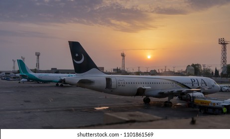 Islamabad, Pakistan - April 8 2018 :  Two Airplanes Parking In Islamabad Airport 