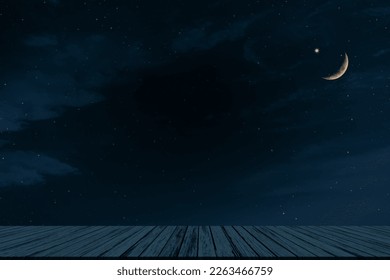 Islamic Background Concept,Empty Table Desk with Cloud Sky with Crescent Moon and Star ramadan Religious symbols,Sunrise Twilight Eventing,for Arabic Muslim Holy,Eid ai-fitr,New year Muharram Mubarak.