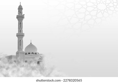Fondo islámico para una mezquita en gris, fondo para Ramadán. Publicaciones en medios sociales. Mes Santo musulmán Ramadán Kareem. Ramadán Mubarak hermosa tarjeta de saludo