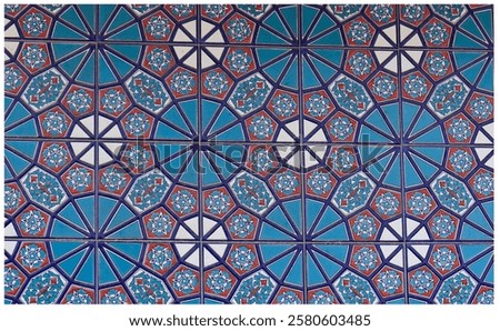 Islamic ceramic pattern background photo.Geometric motif tiles on the mosque wall. 