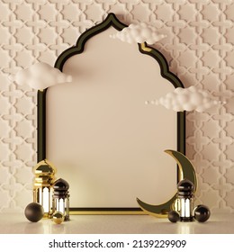 Islamic decoration background with lantern and crescent moon luxury style, ramadan kareem, mawlid, iftar, isra miraj, eid al fitr adha, muharram, copy space text area, 3D illustration. - Shutterstock ID 2139229909