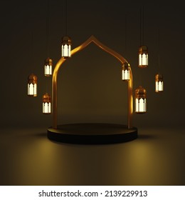Islamic decoration background with lantern and crescent moon luxury style, ramadan kareem, mawlid, iftar, isra miraj, eid al fitr adha, muharram, copy space text area, 3D illustration. - Shutterstock ID 2139229913