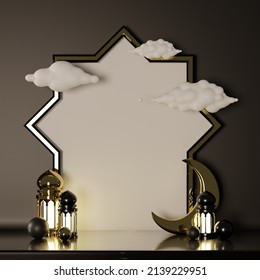 Islamic decoration background with lantern and crescent moon luxury style, ramadan kareem, mawlid, iftar, isra miraj, eid al fitr adha, muharram, copy space text area, 3D illustration. - Shutterstock ID 2139229951