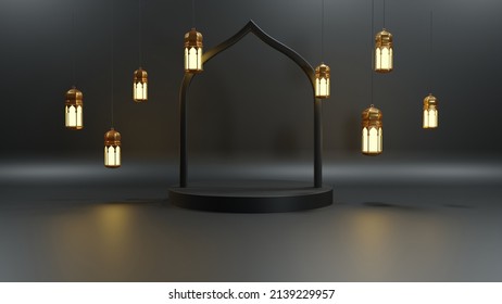 Islamic decoration background with lantern and crescent moon luxury style, ramadan kareem, mawlid, iftar, isra miraj, eid al fitr adha, muharram, copy space text area, 3D illustration. - Shutterstock ID 2139229957