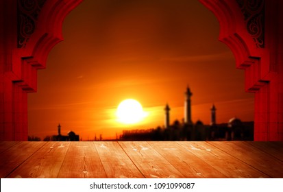 Islamic greeting Eid Mubarak cards for Muslim Holidays.Eid-Ul-Adha festival celebration.
Ramadan Kareem background with  mosque window and table