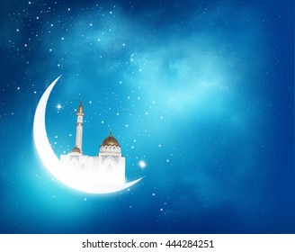 Islamic greeting  Eid Mubarak cards for Muslim Holidays.Eid-Ul-Adha festival celebration . Ramadan Kareem background with crescent moon and shiny Mosque in the sky