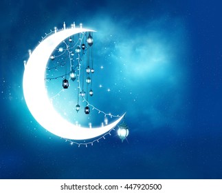 Islamic greeting  Eid Mubarak cards for Muslim Holidays.Eid-Ul-Adha festival celebration . Ramadan Kareem background.Crescent Moon and Lanterns Lightnings in sky