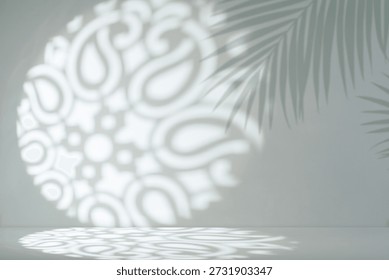 Islamic Pattern Background,Abstract Arab shadow,White light on Green Wall for Eid greeting,Ramadan design with traditional Arab ornament,Window light.Islamic mandala design,palm leaf shadow on floor 