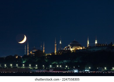 Islamic photo. Sultanahmet or Blue Mosque and Hagia Sophia with crescent moon. Ramadan or kandil or laylat al-qadr or islamic concept photo with copy space for text. - Shutterstock ID 2247558305