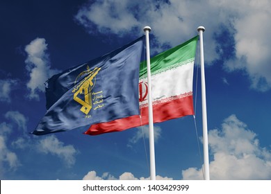 Islamic Republic Of Iran Flag And Islamic Revolutionary Guard Corps Flag Waving On Blue Sky