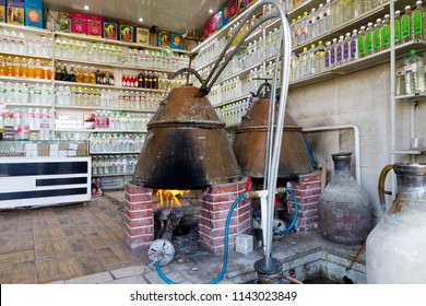 Islamic Republic Of Iran. Isfahan, Kashan. March 4, 2018. Distillery Of Rose Water And Retail Store. Traditional Oven And Distilling Methods Of Distilling Roses For Cooking, Drinking, And Perfume