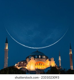Islamic square format image. Hagia Sophia with crescent moon. Islamic new year or ramadan concept image. 