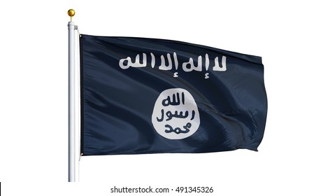 Islamischer Staat Irak und die Levant-Flagge, die auf weißem Hintergrund windet, Nahaufnahme, einzeln auf Beschneidungspfad mit Alpha-Kanal-Transparenz