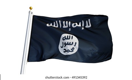 Islamischer Staat Irak und die Levant-Flagge, die auf weißem Hintergrund windet, Nahaufnahme, einzeln auf Beschneidungspfad-Maske Alpha-Kanal-Transparenz