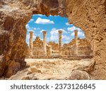 Island of Cyprus. City of Paphos. Archaeological park. Ruins of ancient city. Sights of Cyprus. Historical museum in Paphos. Travel to Cyprus. Columns of ancient buildings. Archaeological museum