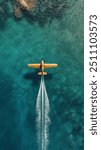 Island Hopper: A lone seaplane soars over turquoise waters, leaving a trail of whitewash against a backdrop of vibrant coral reefs, capturing the allure of adventure and the beauty of tropical paradis