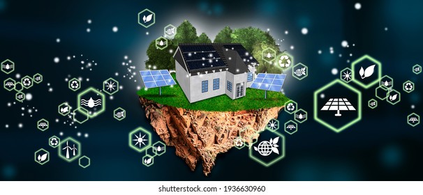Island with house with solar panels and trees, grass as renewable energy. Eco concept, ecology, clean energy and environment - Shutterstock ID 1936630960