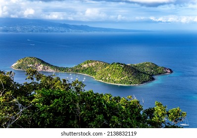 Island Ilet a Cabrit, Terre-de-Haut, Iles des Saintes, Les Saintes, Guadeloupe, Lesser Antilles, Caribbean.View from the Le Chameau Mountain. Island Basse-Terre in the background.