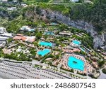 Island Ischia. Baths.Terme. Incredible colors and views. View of Ischia. Gardens of Poseidon. Baths Poseidon. Thermal springs. Drone view. View from above baths of Poseidon.