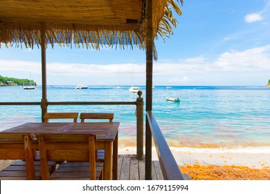 Island Life. Ocean View From A Caribbean Beach Bungalow In Guadaloupe. 