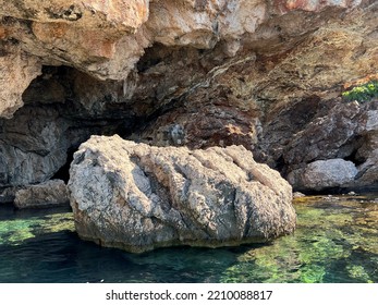 Island In The Mediterranean Sea. Three Islands In Turkey In Tekirovo. Cave On The Island.